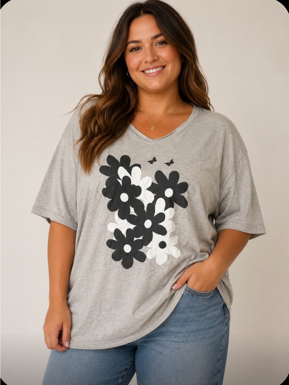 Alstyle Heather Gray Flower Butterfly Graphic T-Shirt Indie Boho Cottage Core xl